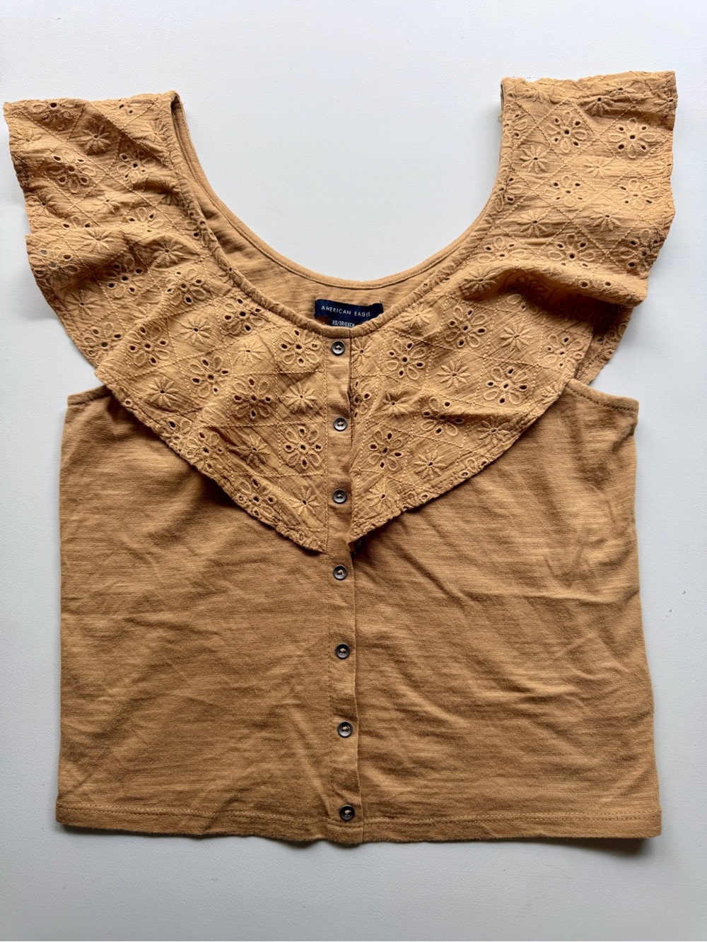 American Eagle Eyelet Ruffle Button-Front Crop Top brown XS